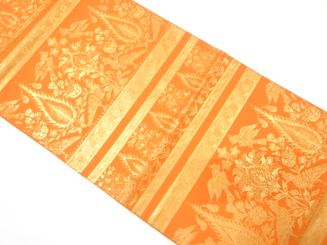 JAPANESE KIMONO / VINTAGE FUKURO OBI / SILK / WOVEN FLOWER & BIRD & SARASA